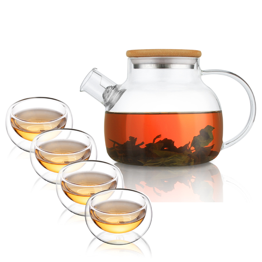 Insulated Glass Teapot Bamboo Lid Water Pitcher Tea Cups Set 5 Pcs