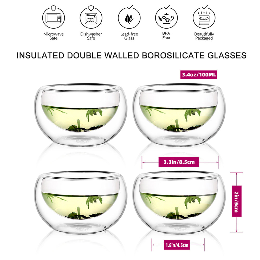 Tasse à thé en verre isolée à double paroi de 3,4 oz 100 ml pour boissons chaudes et froides, 4 pièces