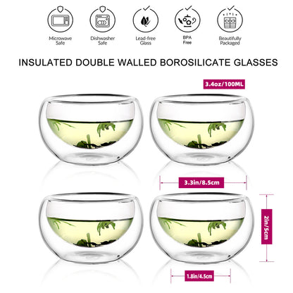 3,4 oz 100ml doppelwandige isolierte Glas-Teetasse für heiße und kalte Getränke 4 Stück