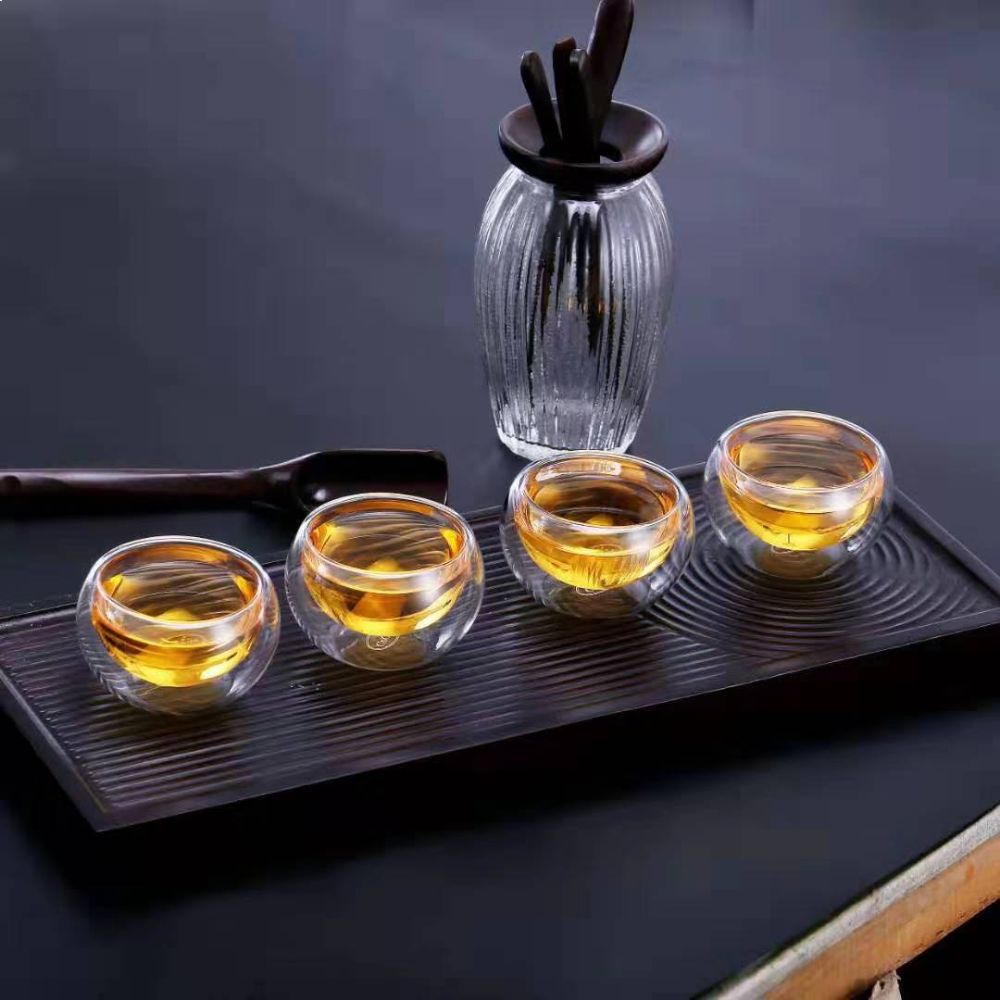 Insulated Glass Teapot Bamboo Lid Water Pitcher Tea Cups Set 5 Pcs