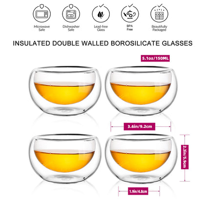 5.1oz 150ml Double Walled Insulated Borosilicate Glass Tea Cup 4 Pcs