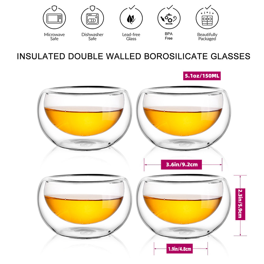 Insulated Glass Teapot Bamboo Lid Water Pitcher Tea Cups Set 5 Pcs